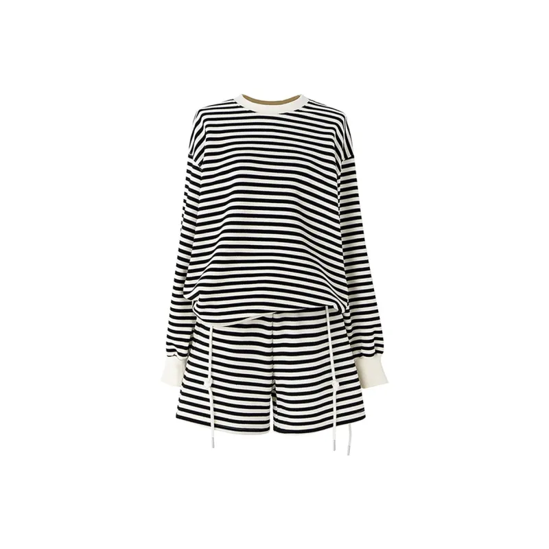 SOON FLOWER Casual Suit Women's Black Beige Stripes-0