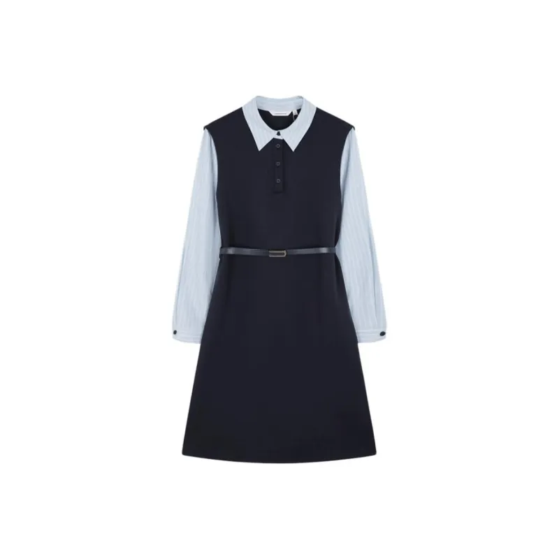 Mo Han Yi Mei Long Sleeved Dress Women's Navy Blue-0