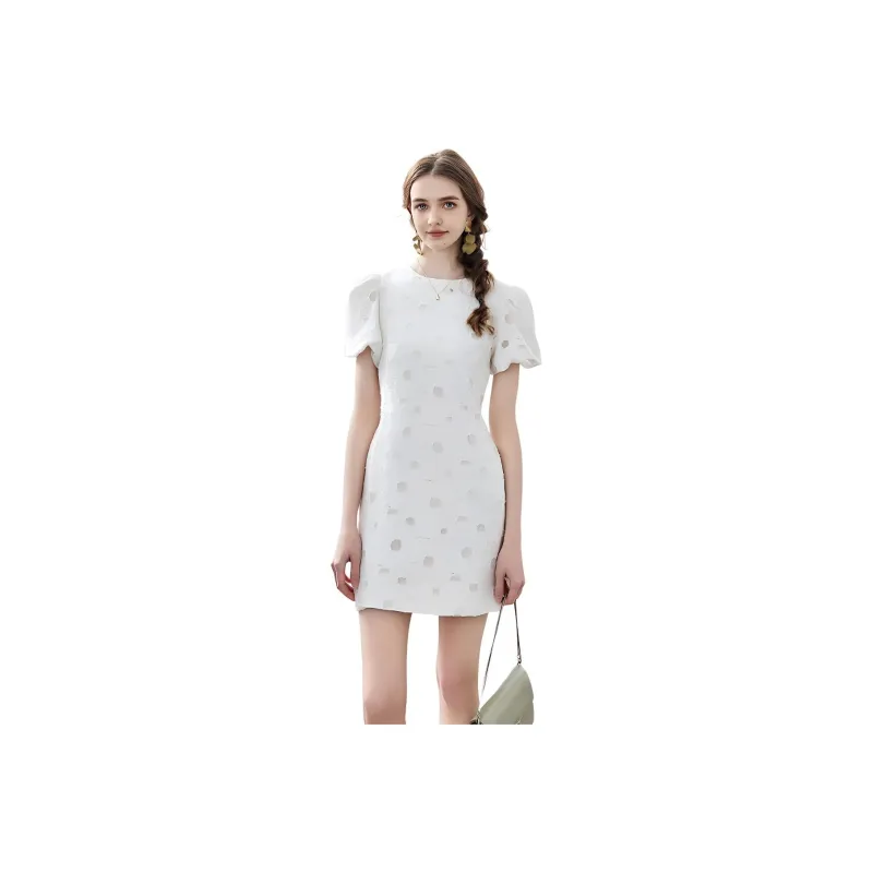 NAWAIN Short Sleeved Dresses Women's Embroidered White-0