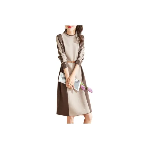 Mo Han Yi Mei Long Sleeved Dresses Women's Ecru & Coffee