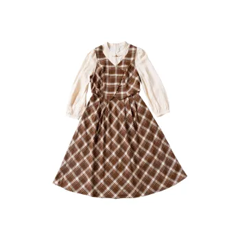 HONGNIAN Long Sleeved Dresses Women's Khaki Plaid
