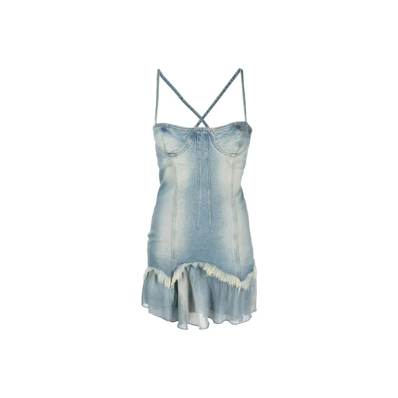 Blumarine Jean Tiered Sweetheart Neck Denim Dress-0