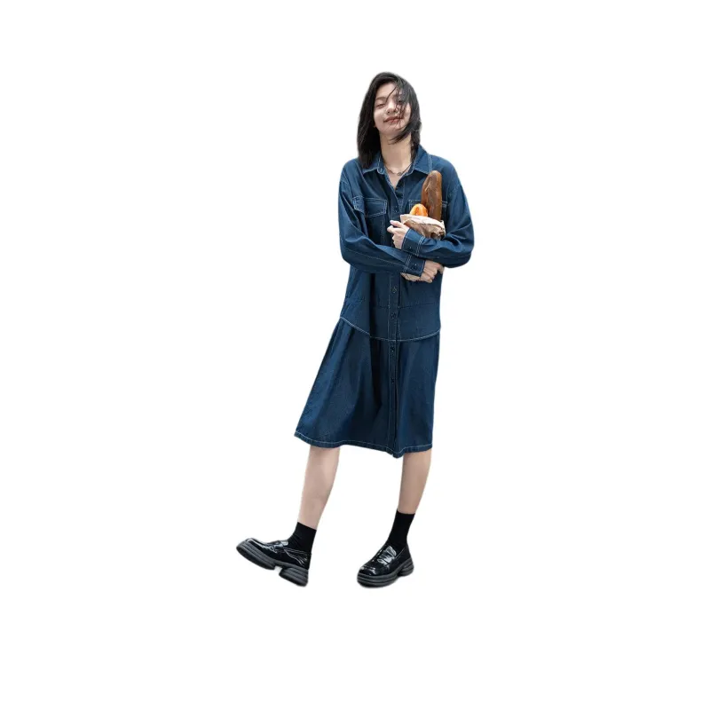 【dme】 Long Sleeved Dress Women's Denim Blue-0