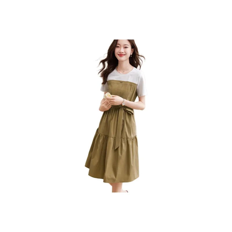 Mo Han Yi Mei Short Sleeved Dresses Women's Khaki-0
