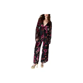 NASTY GAL Floral Devore Fluted Sleeve Tie Back Jumpsuit Jumpsuit Women's Black