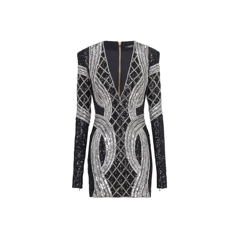 BALMAIN Silver All over Embroidered Dress-0