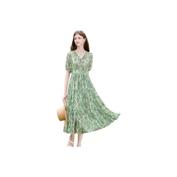 TOUCH Short Sleeved Dress With Collar Women's Beige With Green Print