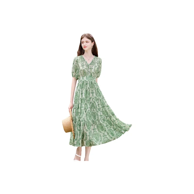 TOUCH Short Sleeved Dress With Collar Women's Beige With Green Print-0