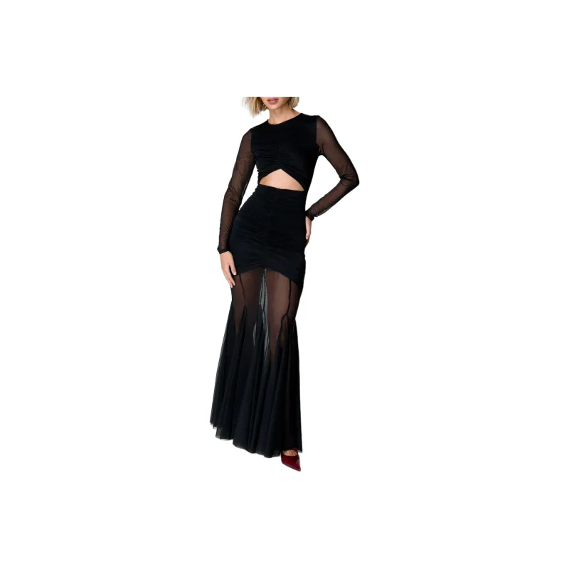 NASTY GAL Mesh Cut Out Maxi Dress Long-Sleeved Dresses Women's Black-0