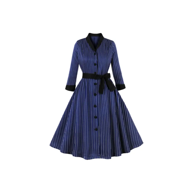 OUTDOORPRINCE Long Sleeved Dress Women's Dark Blue White Stripes-0