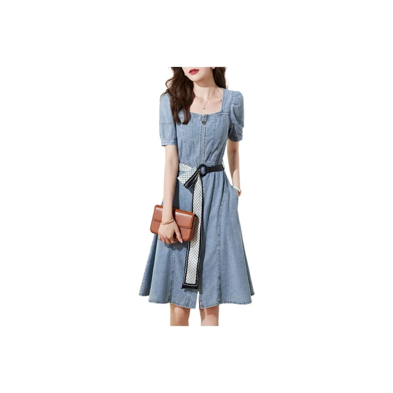 Mo Han Yi Mei Short Sleeved Dress Women's Denim Blue-0