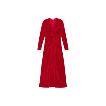 GANNI Red Velvet Jersey Twist Long Dress Long-Sleeved Dresses Women's Red