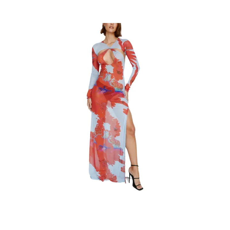 NASTY GAL Mesh Floral Cut Out Maxi Dress Long-Sleeved Dresses Women's Blue-0