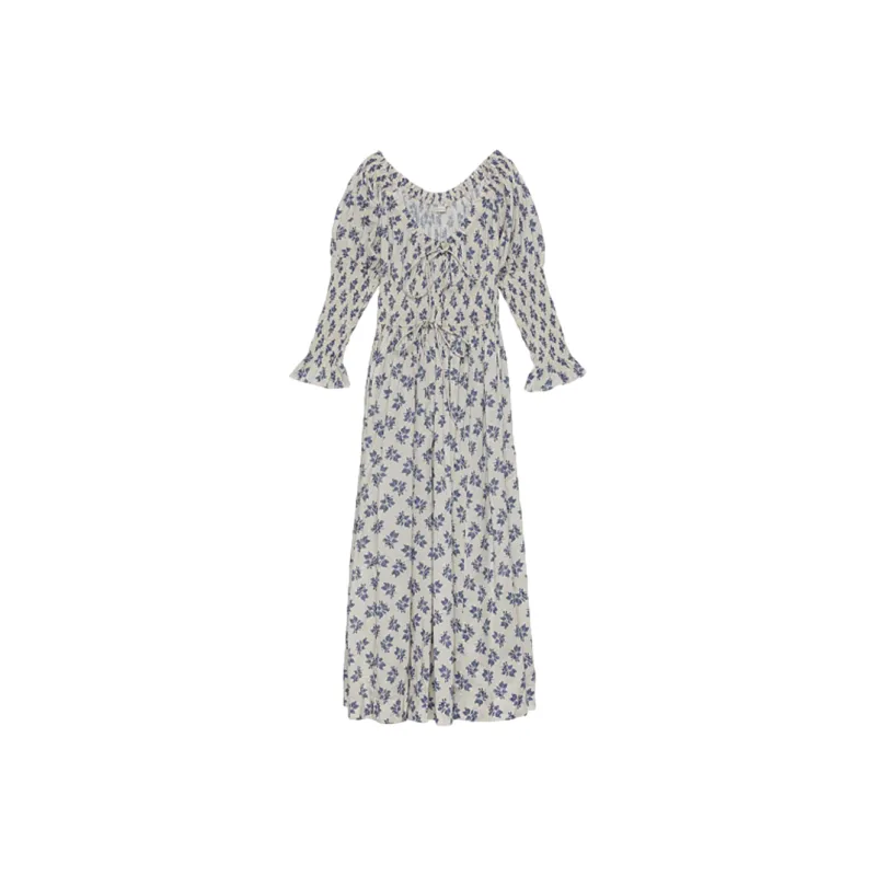 DOEN KAIRA DRESS Long Sleeved Dress Women's White With Blue Floral-0