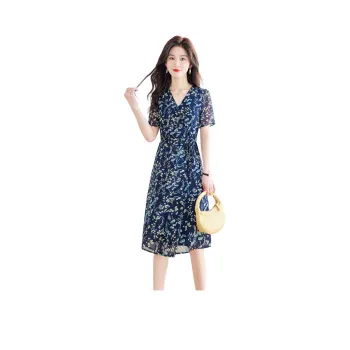 Cypress House Short-Sleeved Dresses Women's Navy Blue With Yellow And Green Floral Pattern