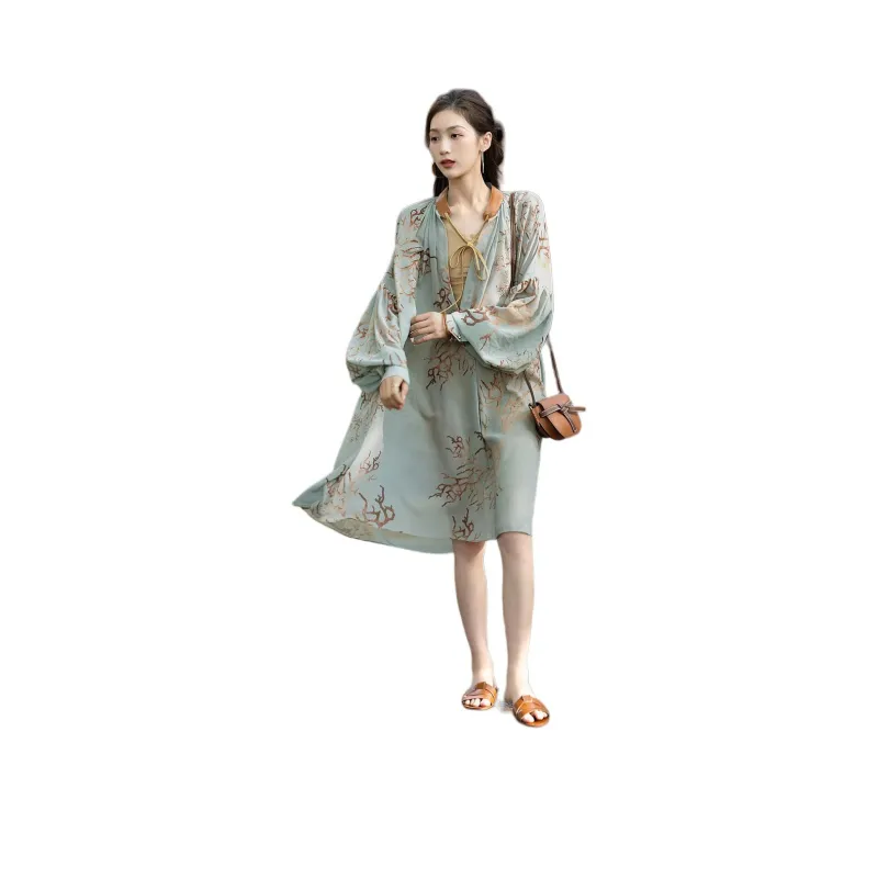 【dme】 Long Sleeved Dress Women's Gray Blue-0