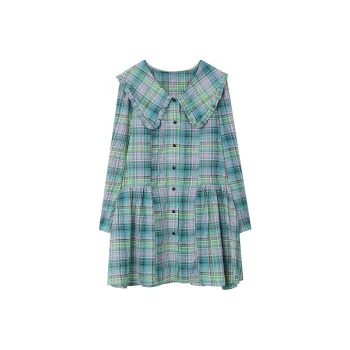 ELF SACK Long-Sleeved Dresses Women's Pink And Green Checkered