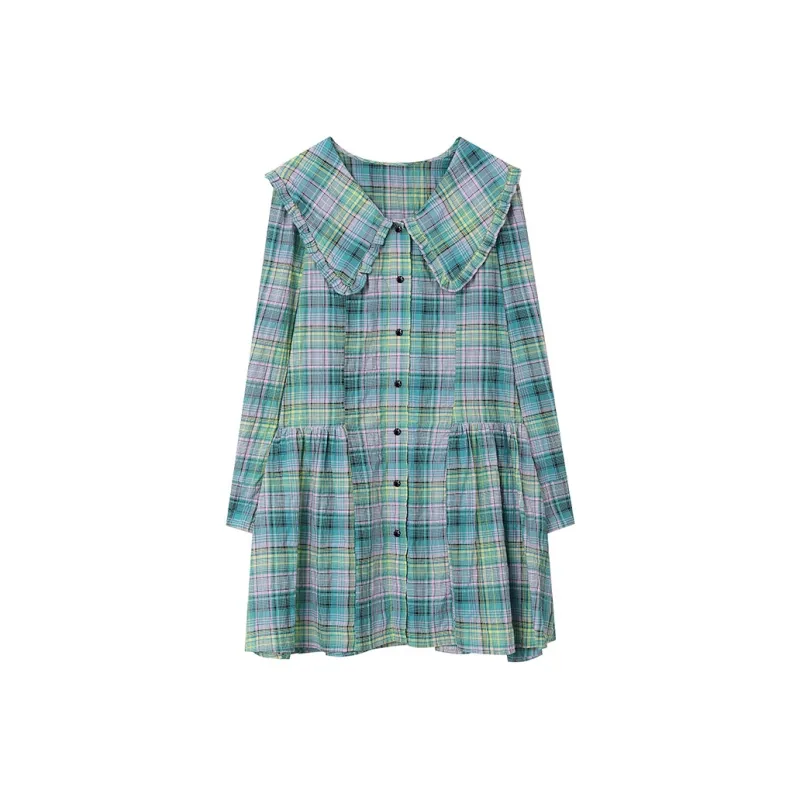 ELF SACK Long-Sleeved Dresses Women's Pink And Green Checkered-0