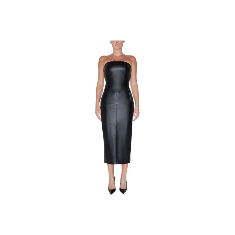 Khy DROP 001 Faux Leather Strapless Long Dress Sleeveless Dress Women's Black-0