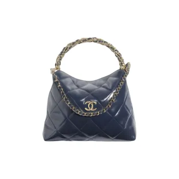 CHANEL Shiny Lamb Oiled Leather Lunch Bag, Shoulder Bag, Crossbody Bag, Handbag Women's Dark Blue