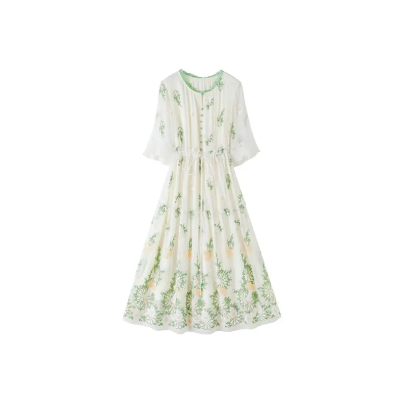 Yi Mengyuan Lace Up Silk Short Sleeved Dress Women's Green-0