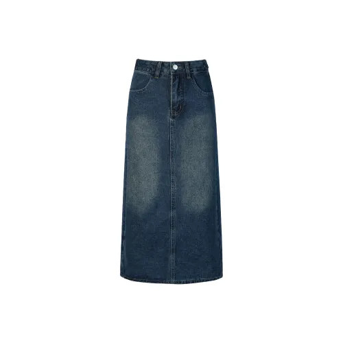 Wen Shan Denim Long Skirt Women's Vintage Blue