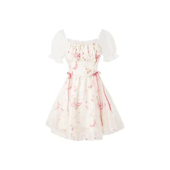 Blovelan Short Sleeved Dresses Women's Floral Petal Apricot