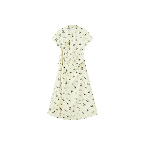 HUOLIDEDITU Short Sleeved Dress Women's Hand drawn Panda