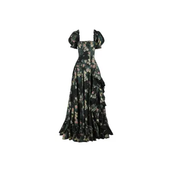 Selkie Collection SS25 Short Sleeved Dress Women's Dark Green With Crying Rose Print