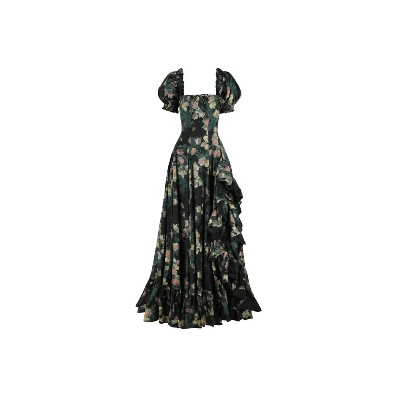 Selkie Collection SS25 Short Sleeved Dress Women's Dark Green With Crying Rose Print-0