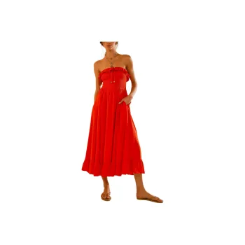 FREE PEOPLE Lush Life Linen Strapless Midi Dress Sleeveless Dress Women's Mandarin Red/Orange Red