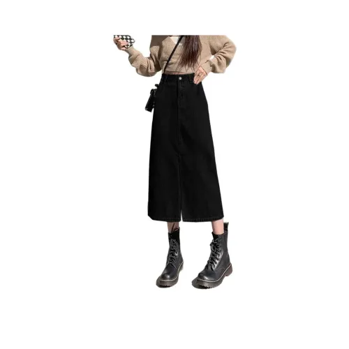 XIANSINIAO Denim Long Skirt Women's Black