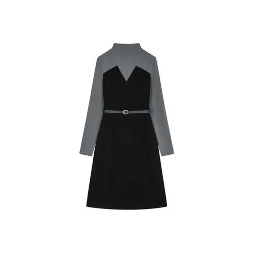 Mo Han Yi Mei Long Sleeved Dress Women's Black & Gray Patchwork