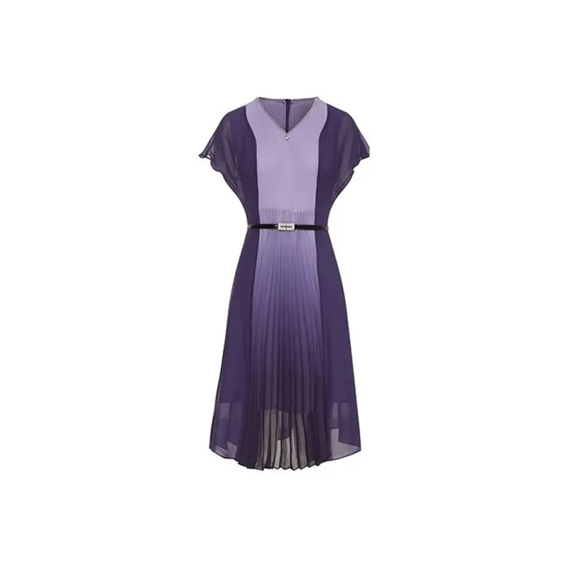 QIAOWANNI Summer Short Sleeved Dress Women's Purple-0