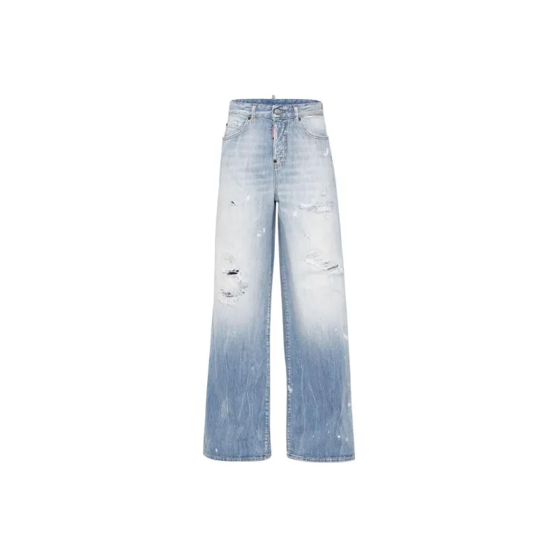 DSQUARED 2 Logo Patch Distressed Wide Leg Jeans-0