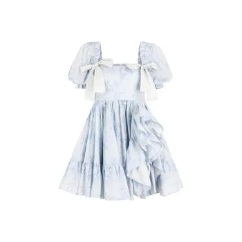 Selkie Collection Short Sleeved Dress Women's Light Blue With Afternoon Garden Print