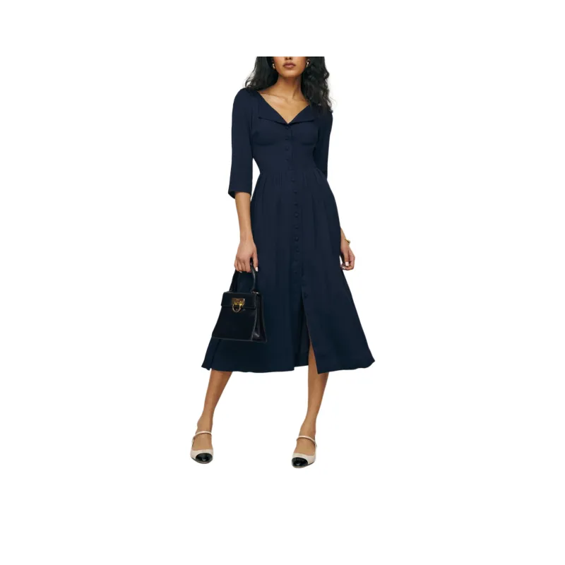 REFORMATION Adair Dress Long-Sleeved Dresses Women's Marine Blue-0