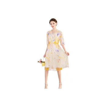 Yi Mengyuan Silk Long Sleeved Dress Women's Orange