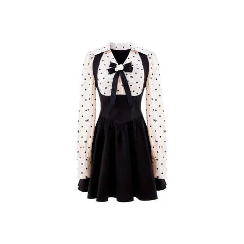 Blovelan Long Sleeved Dresses Women's Black & Polka Dot Apricot