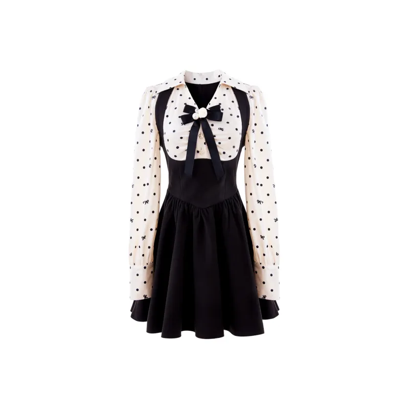 Blovelan Long-Sleeved Dresses Women's Black & Polka Dot Apricot-0