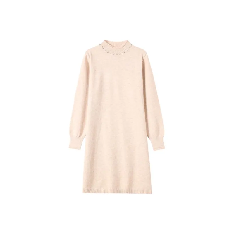 Korean Style Long Sleeved Dress Women's Apricot-0