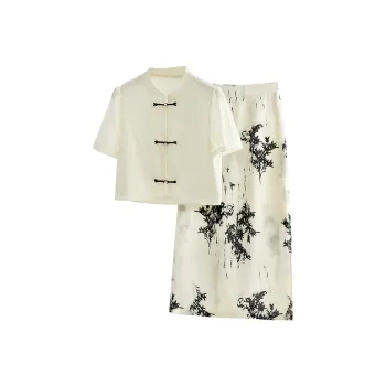 TOUCH Casual Suit Women's Beige Top Black Bottom With Floral Pattern