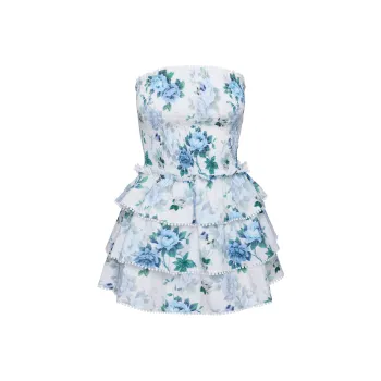 PRINCESS POLLY SUNKISS FRILL MINI DRESS Sleeveless Dress Women's White/Blue/Blue White