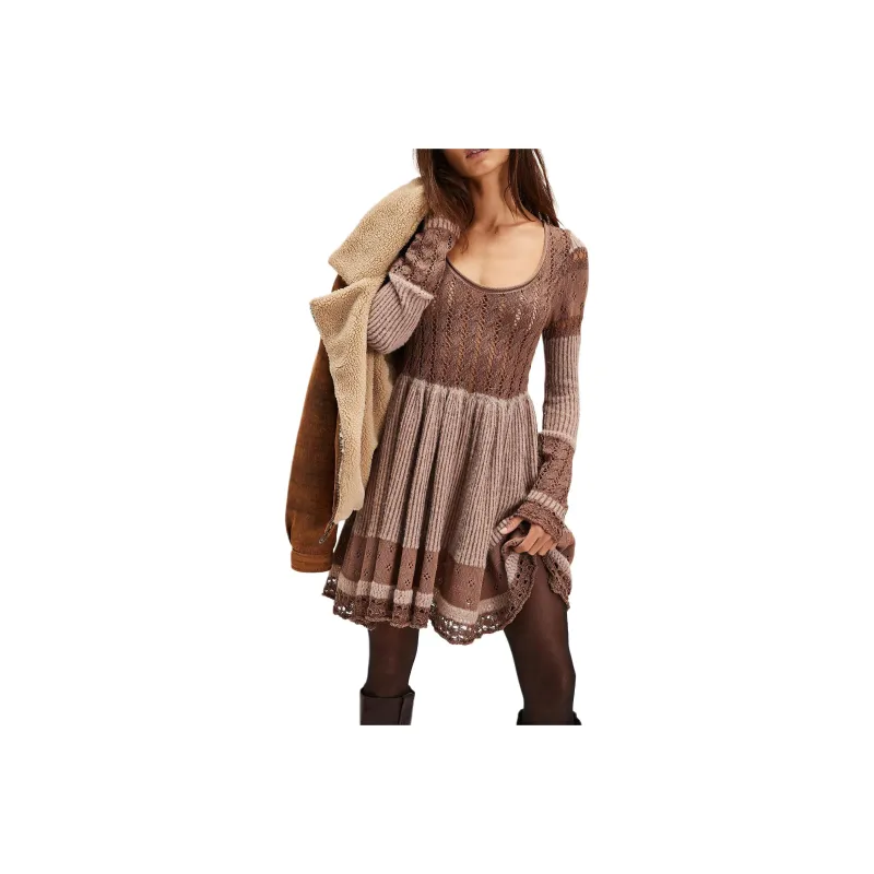 FREE PEOPLE Claudia Mini Dress Long-Sleeved Dresses Women's Brownie Combo-0