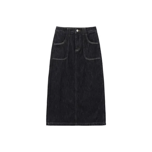 HDFULERN Denim Long Skirts Women's Dark Blue