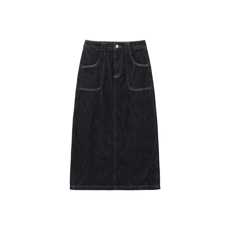 HDFULERN Denim Long Skirts Women's Dark Blue-0