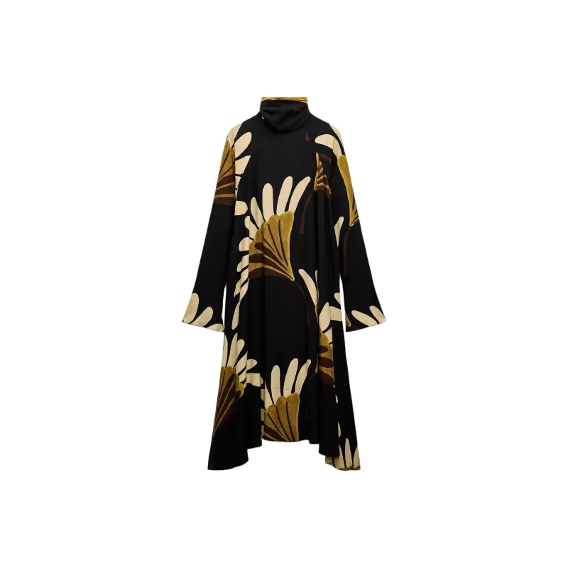 ZARA ZW Series Long-Sleeved Dresses Women's Black/Green-0