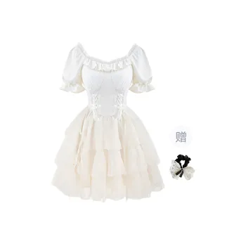 TUSHIFEI Short Sleeved Dress Women's Apricot+Hair Tie Comes With