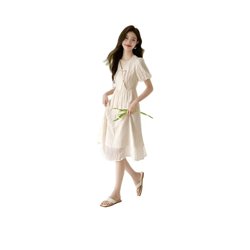 Mo Han Yi Mei Short Sleeved Dress Women's Ecru-0