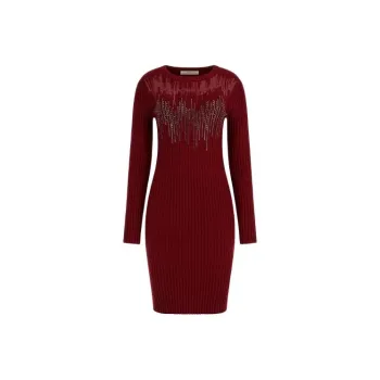 GUESS Rhinestones Mini Sweater Dress Long-Sleeved Dresses Women's Brick Red